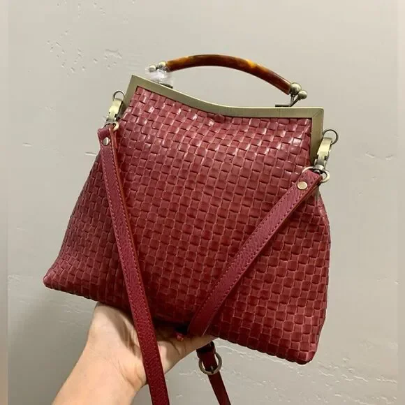 Handmade Genuine Woven Leather Double Kisslock Top Handle Bag & 2 Straps Style